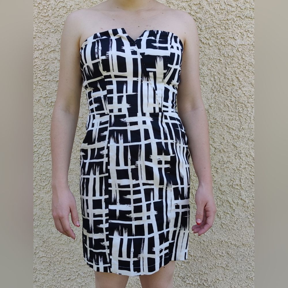 VTG Y2K Charlotte Russe Black White Abstract Print Strapless Bustier Dress, M